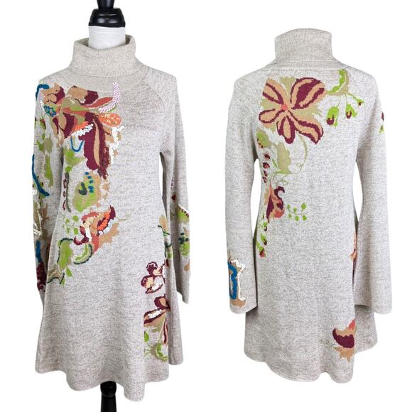 Anthropologie Knitted & Knot Embroidered Petals Turtleneck Swing Sweater Dress - Picture 5 of 15